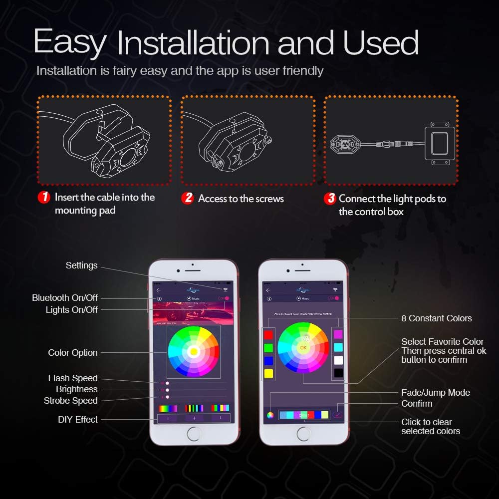 MICTUNING 2nd-Gen RGB LED Rock Lights with Bluetooth Controller, Timing Function, Music Mode - 4 Pods Multicolor Neon LED Light Kit: Automotive