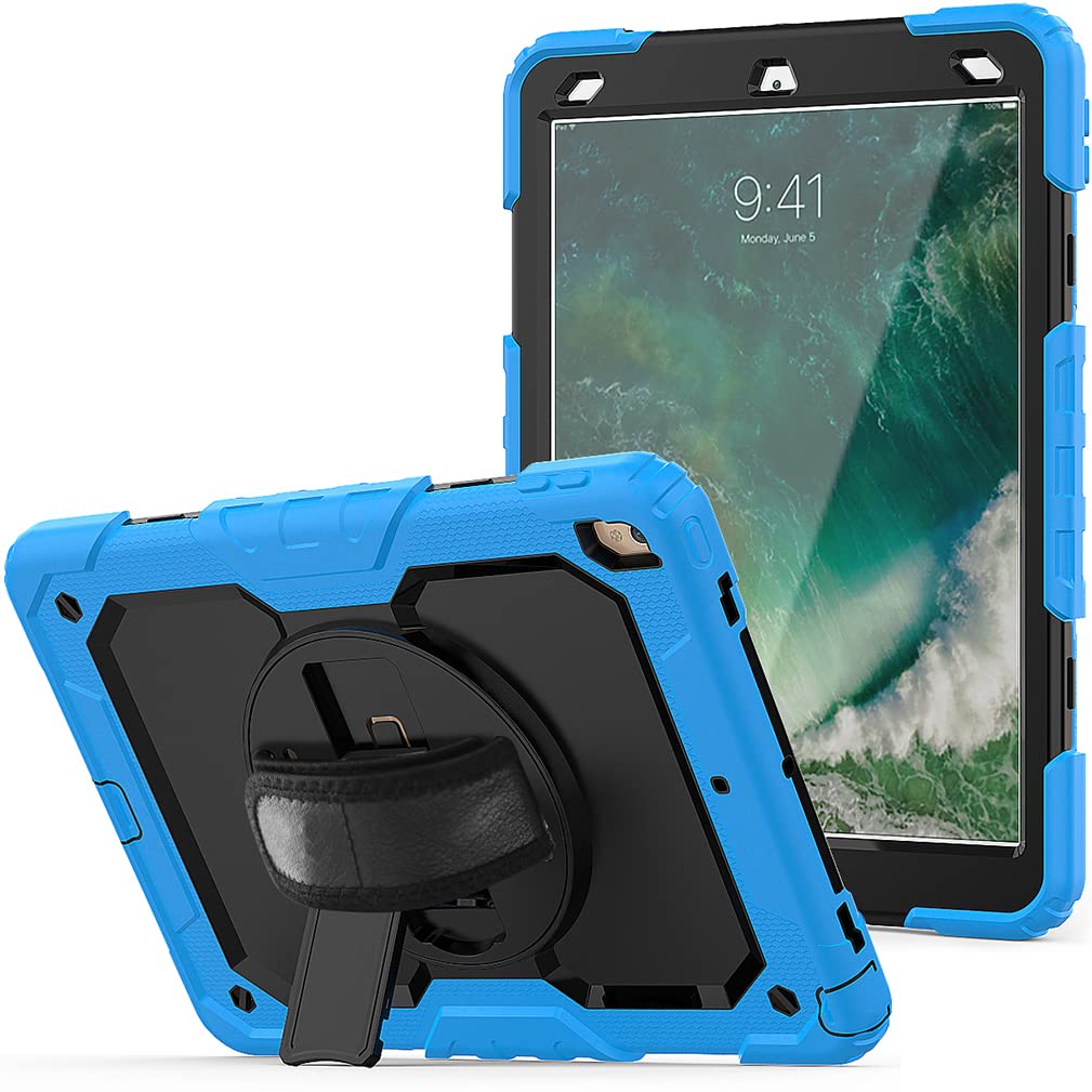 Case for iPad pro 10.5 2017/iPad air 3 10.5 2019 with 360 degree rotatable Folding stand,Trendy Shockproof case with Wrist Strap and Shoulder Strap, Pale Blue