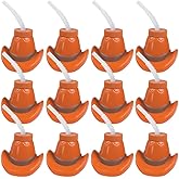 Fun Express Cowboy Party Favors - Western Cups with Lids & Straws 12 Pack | Cowgirl Birthday Party Supplies for Kids | Rodeo Themed Celebrations | Plastic Cowboy Hat Cups 15oz | Boot Cup Design