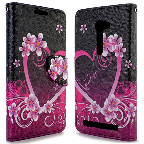 Zenfone 2E Case, CoverONÂ® [CarryAll Series] Flip Folio Card Slot Pouch Cover LCD + Strap + Stand Wallet Case For Asus Zenfone 2E 5.0 - Purple Love Heart Design