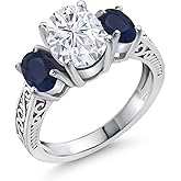 Gem Stone King 3.21 Cttw White Moissanite and Blue Sapphire 3-Stone Ring For Women | 925 Sterling Silver | Oval 9X7MM and 6X4MM | 3 Stone Wedding Engagement Anniversary Promise Ring