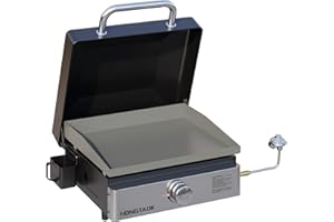 HongTaok 18 Inch Tabletop Propane Gas Grill Griddle with Lid & Stainless Steel Front Plate, Portable Propane Flat Top Grill for Outdoor, Cooking, BBQ, Camping