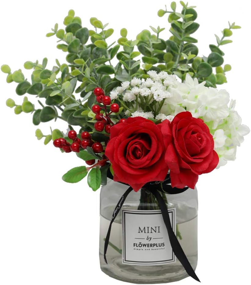 Nubry Artificial Flowers Silk Roses Fake Babys Breath Flower Eucalyptus Leaves Berries Arrangements Wedding Bouquets Indoor Home Faux Plants Décor (Red Without Vase)
