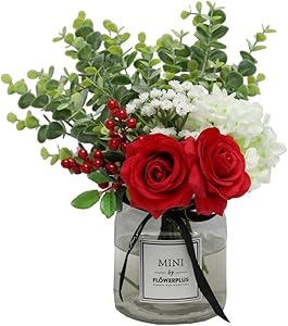 Nubry Artificial Flowers Silk Roses Fake Babys Breath Flower Eucalyptus Leaves Berries Arrangements Wedding Bouquets Indoor Home Faux Plants Décor (Red Without Vase)