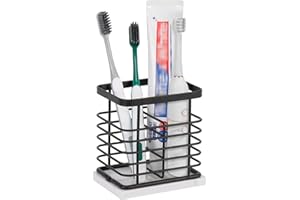 HarJue Toothbrush Holder, Luxurious Metal Toothbrush Toothpaste Holder with Marble Base for Bathroom, Multi-Slots Openwork Design, Bathroom Accessory for Storage and Organizer (Small, Matte Black)