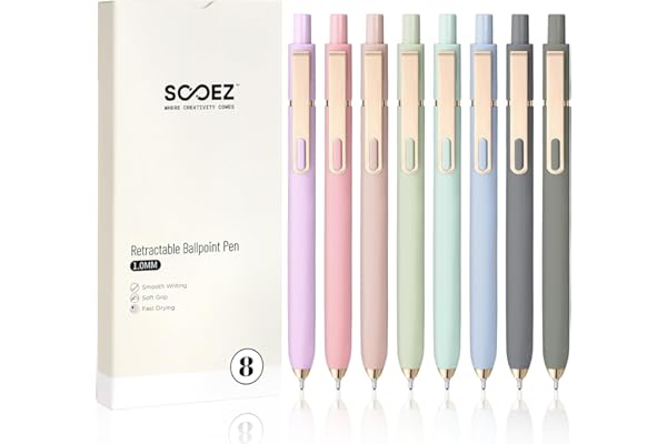 Sooez 8 Pack Ballpoint Pens, 1.0 mm Medium Point Black Ink Pens, Smooth Writing Pen Bulk for Journaling, Soft Grip Cute Pen for Women, Nurse, Office School Supplies, Small Teacher Gifts, Multicolor