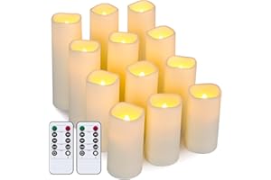Tasodin Flickering Flameless Candles with Remote Timer, Set of 12 (D 2.2'' x H 4'' 5'' 6'' 7'') Waterproof LED Candles, Plast