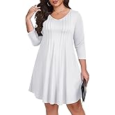 LARACE Womens Plus Size Dresses V Neck 3/4 Sleeve Pleated Midi Dress Casual A-Line Swing Dress