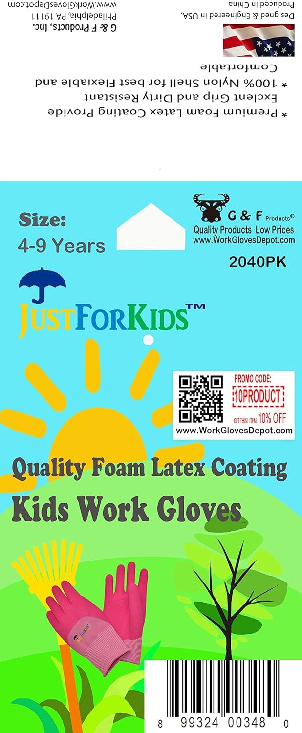 G & F PRODUCTS 2040-2P JustForKids Premium MicroFoam Texture Coated Kids Garden Gloves, Kids Work Gloves, Pink, 1 Pair