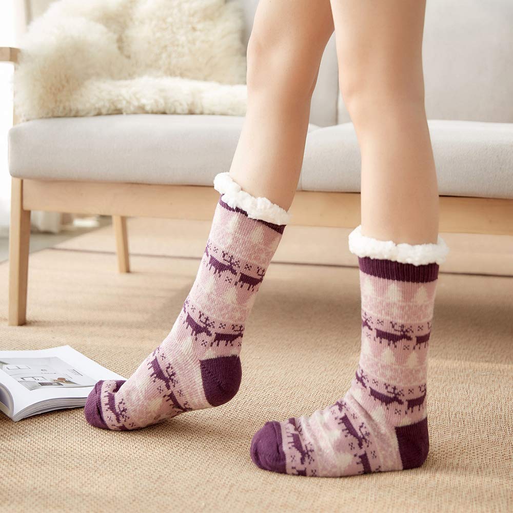 4YOUALL Womens Fleece Lining Soft Warm Fuzzy Sock, Christmas Thermal Knee High Stockings Slipper Socks (Purple Deer)