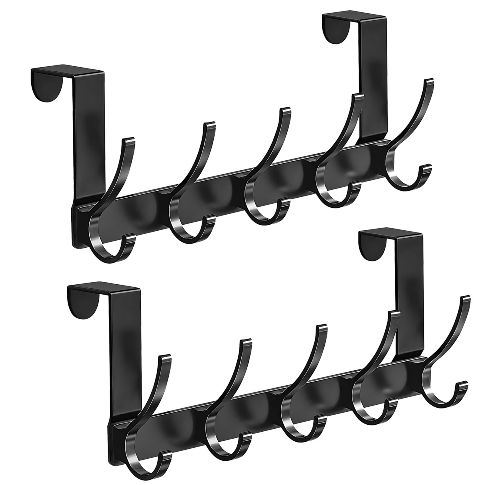Meff-Mluk 2 Pack Over Door Hanger, Over The Door Hooks, Heavy Duty Stainless Steel Door Hanger Hooks with Rust Resistant Finish, 5 Hooks for Coats, Hats, Bags, Clothes, Towels (Black)