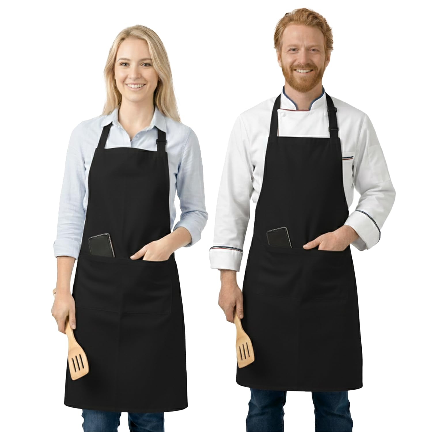 LivinEase Aprons for Women & Men, 2 Pack – Adjustable Aprons with 2 Pockets, Kitchen Aprons for Cooking, Baking, BBQ, Gardening - Black