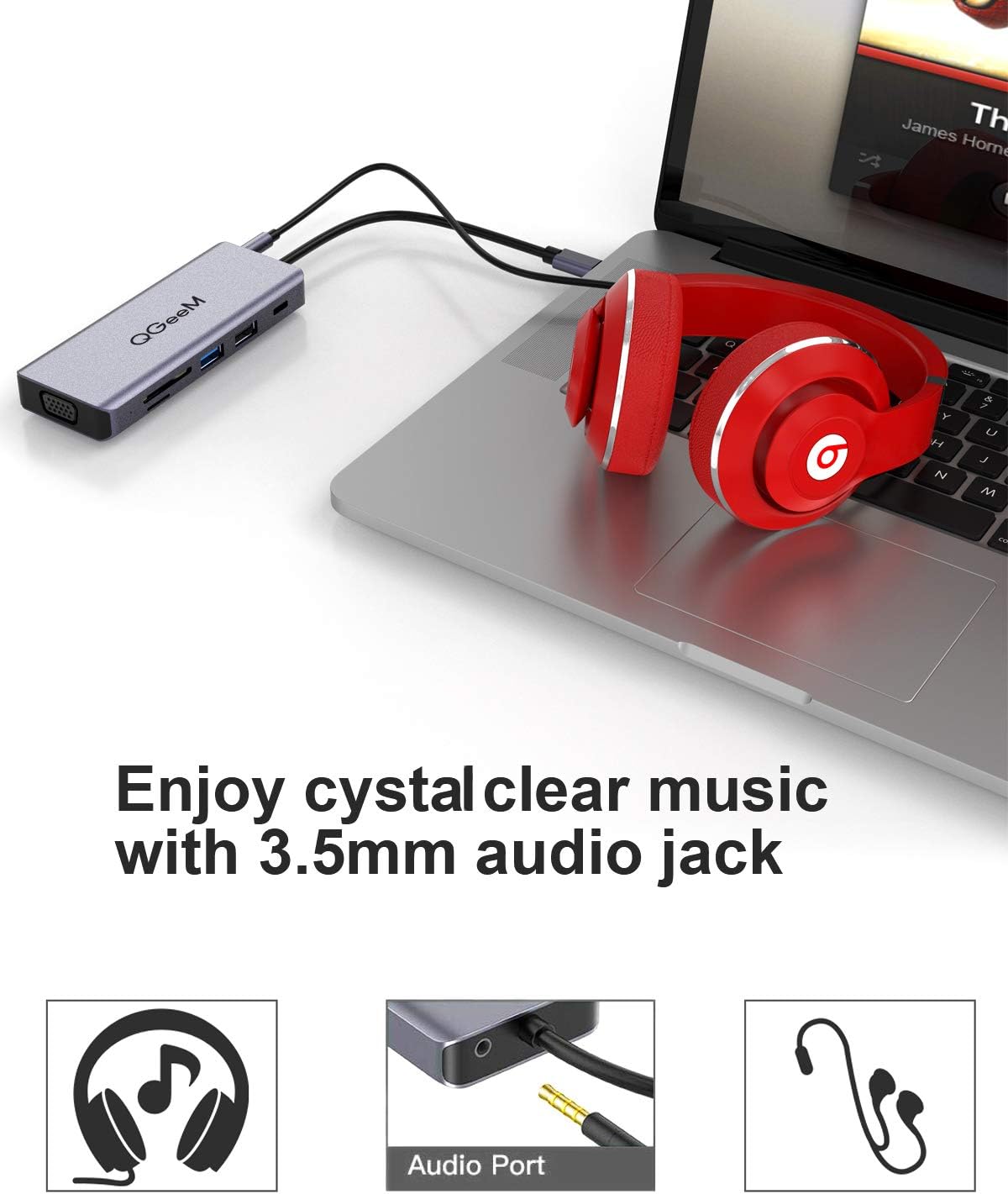 USB C Docking Station,QGeeM 10-in-1 USB C Hub to Dual 4k HDMI VGA,AUX 3.5mm,USB C to USB,UHS-II,MicroSD Card Reader,Compatible with MacBook,ipad Pro,Dell XPS,(Windows Laptops Support Triple Display): Computers & Accessories