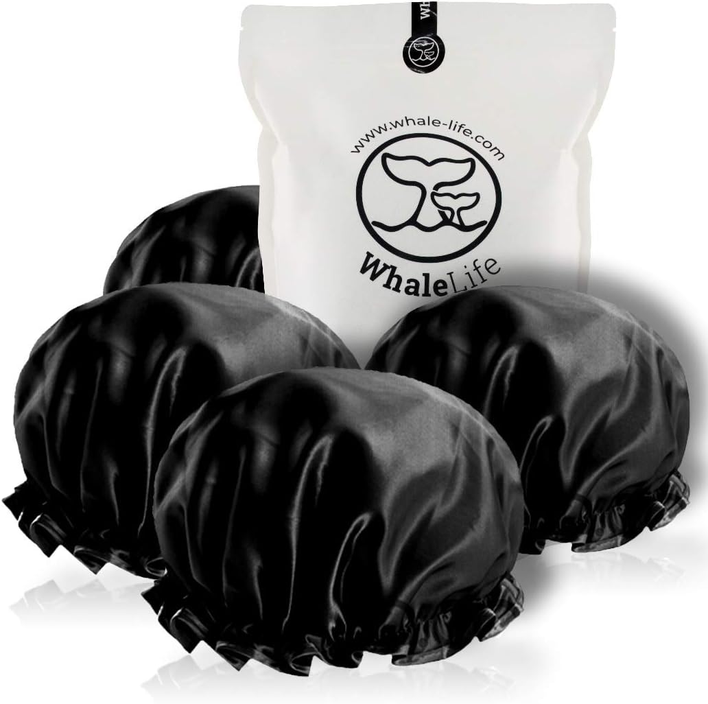 Shower Cap for Women Reusable Large Shower Cap (Black 4 Pack XL) Satin