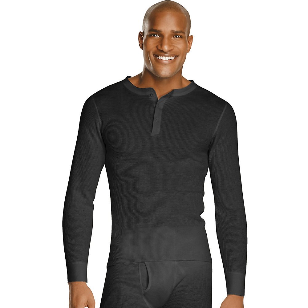 S Hanes Mens Thermal Henley Base Layer Shirt Black Sports & Outdoors Tops