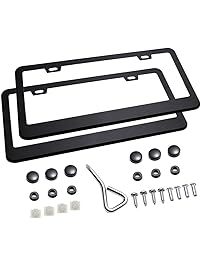 Ohuhu Matte Aluminum License Plate Frame with Chrome Screw Caps, 2Pcs 2 Holes Black Licenses Plates Frames, Car Licenses Plate Covers Holders For US Vehicles
