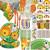Safari Animal Party 16 Guest - Great for Jungle or Zoo Themed Birthday - Plates, Cups, Napkins, Tablecloth, Balloons, Masks, Tattoos, Loot Bags, Candles, Blowouts, Cutlery - Spoons, forks, Knives