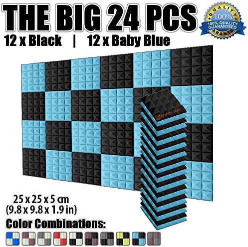 Dragon Dash 24 Pack of 9.8" x 9.8" x 1.9" Inches Black and Light Blue Acoustic Soundproofing Pyramid Foam Studio Treatment Wall Panel Tiles DD1034 (BLACK &amp; LIGHT BLUE)
