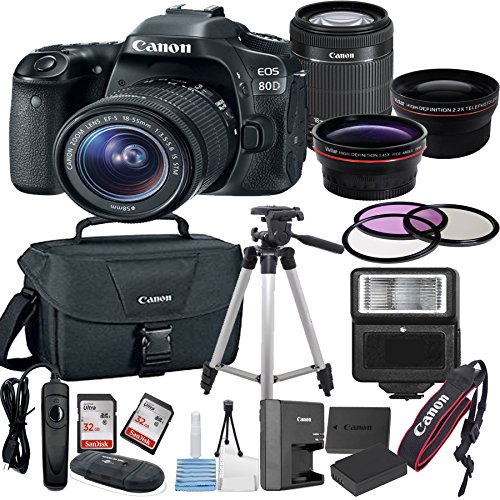 Canon EOS 80D Digital SLR Camera with EF-S 18-55mm Bundle includes Camera, Lenses, Filters, Bag, Memory Cards, Tripod, Flash, Remote Shutter and More - International Version