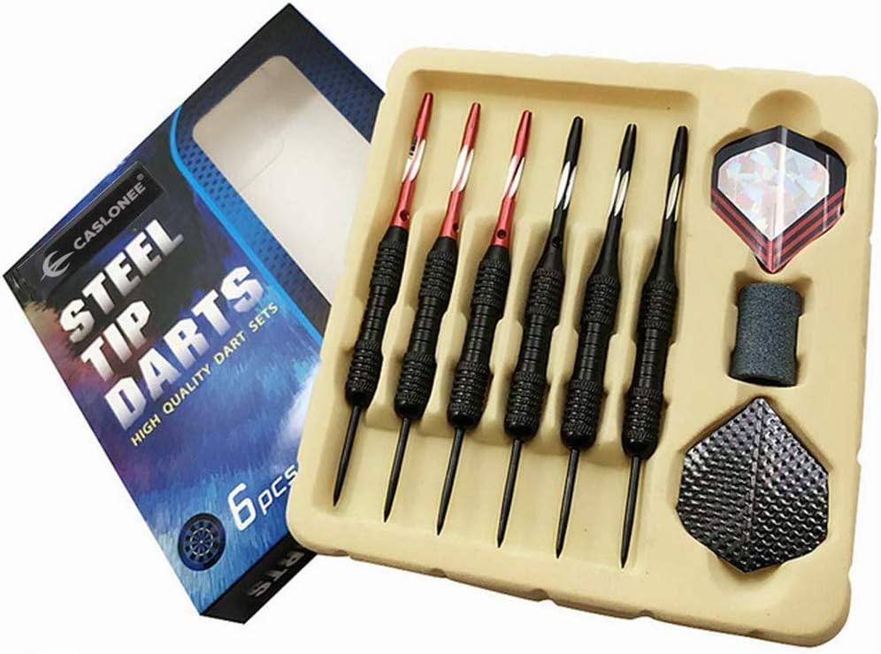CASLONEE 6 Pack Metal Darts Set Professional Exquisite 22 Grams Steel Tip Darts Set with Carry Case, Aluminum Shafts, Black Coated Metal Barrels, PET Flights and Dart Sharpner