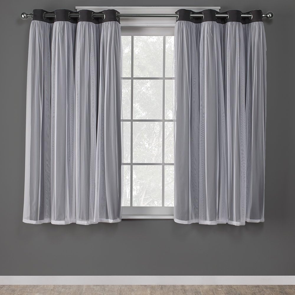 Exclusive Home Curtains Catarina Layered Solid Blackout and Sheer Window Curtain Panel Pair with Grommet Top, 52x63, Black Pearl, 2 Count