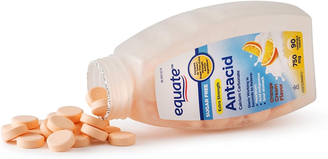 Sugar Free Antacid Orange Cream Flavor + Extra Strength Chewable Wintergreen Tablets | Equate 750 mg | Compare to Tums: Health & Personal Care
