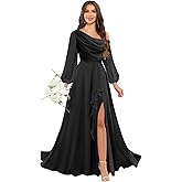 Dvdci One Shoulder Chiffon Bridesmaid Dress with Long Sleeves Split Ruffles Floor Length Formal Gown