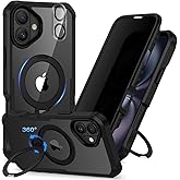 CENHUFO Privacy for iPhone 16 Plus Case [Compatible with Magsafe] Full Body Phone Case Built-in 9H Tempered Glass Privacy Screen Protector and 360° Spin Magnetic Stand Ring Camera Lens Cover -Black