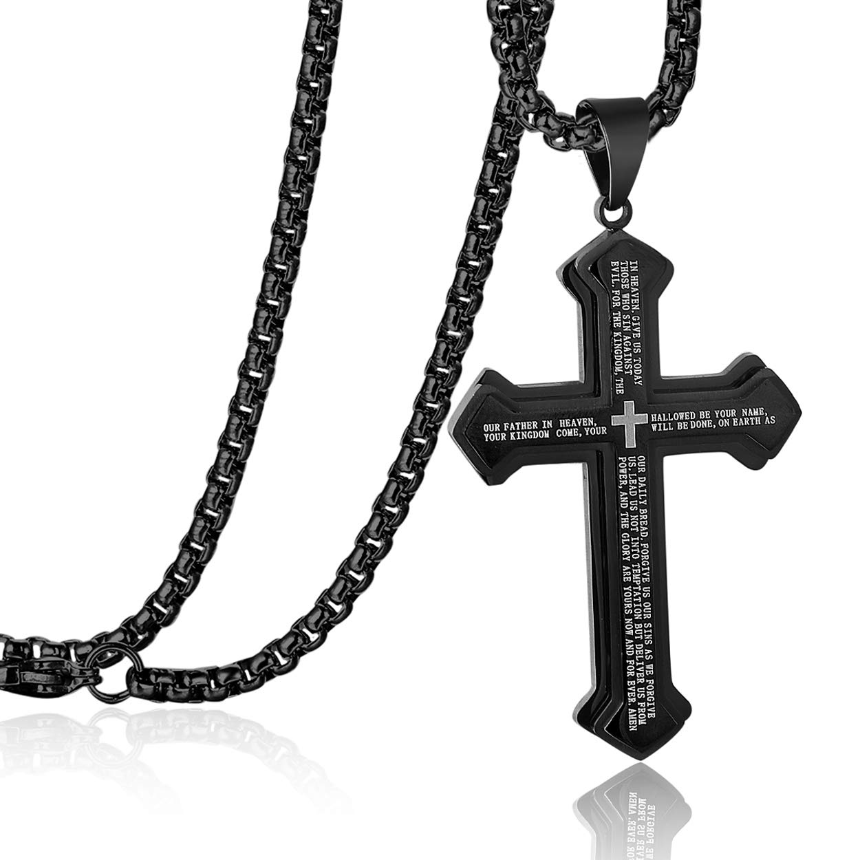 Rehoboth Men's Stainless Steel Nail Lord's Prayer Cross Pendant Necklace for Men Big Pendant and Strong Chain 24 Inch Black