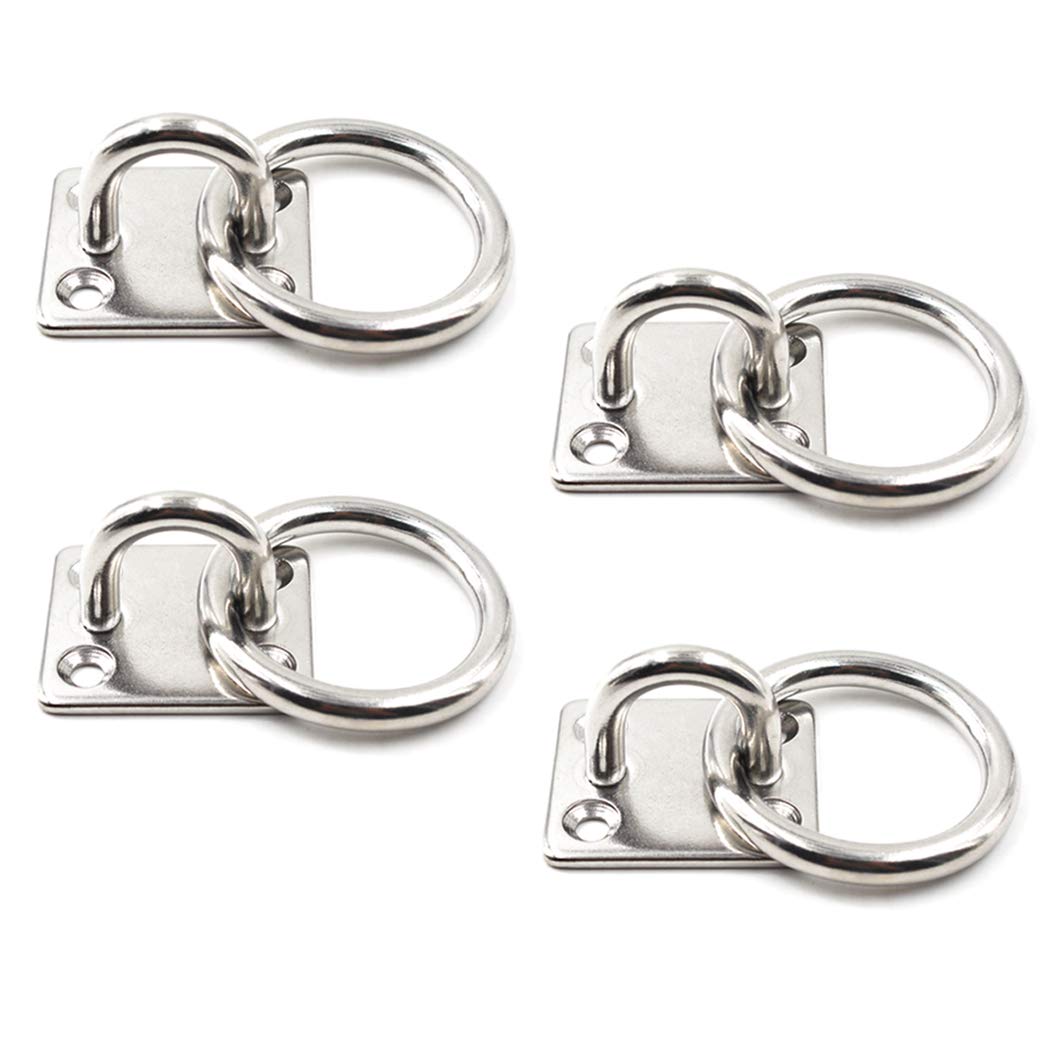 Square Ceiling Wall Mount Hook Heavy Duty Pad Eyes With Ring 304 Stainless Steel 5mm 3/16", Great for Yoga Swings Hammocks, Boat Rigging, Marine Deck Hardware and Suspension Training Straps (4PCS)