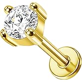 RL ROSARY LAND Threadless Stud Earring 1 Pcs, 14K Yellow/White Gold Flat Back Stud Cartilage Earrings, 16G 2mm/3mm Round CZ Helix Labret Lip Monroe Tragus Piercing Jewelry 6mm 8mm