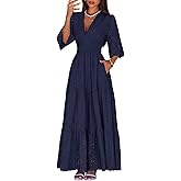 Lazysmile Long Sleeve Dresses for Women V Neck Hollow Out Eyelet Ruffle Swing A-Line Fall Vacation Boho Maxi Dress