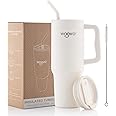 WOOVO 40 oz Water Bottle with Straw and Handle, Insulated Coffee Mug with Splash Proof Lid, BPA Free Reusable Double Wall Stainless Steel Water Cup, Keep Beverages Cold Hot for Hours, White