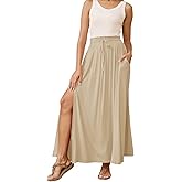 HERBATOMIA Women’s Maxi High Elastic Waisted Skirt Flowy A-Line Split Hem Beach Long Skirts for Women with Pockets