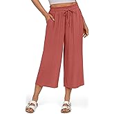 UEU Women's Linen Capris Wide Leg Ruffle High Waisted Pants Casual Drawstring Summer Loose Capri Pants with Pockets