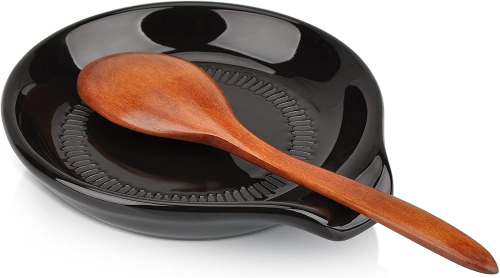 HONZUEN Ceramic Spoon Rest - Black Porcelain Utensil Holder for Kitchen