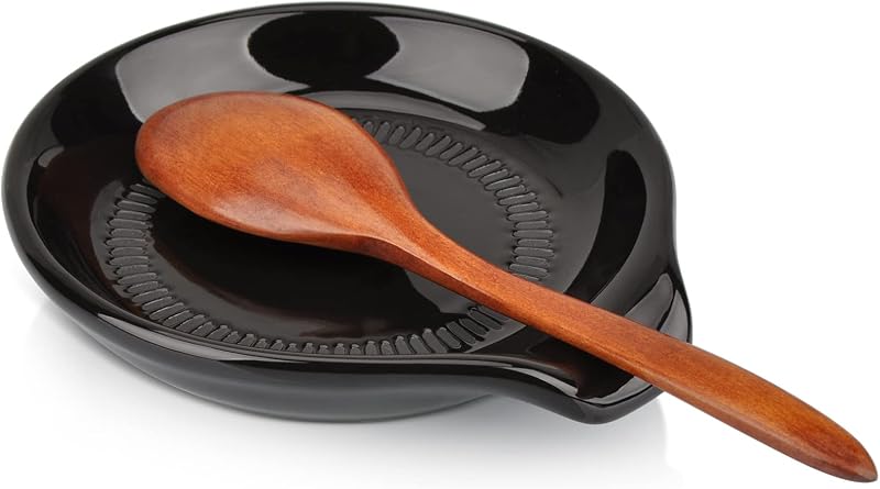 HONZUEN Ceramic Spoon Rest - Black Porcelain Utensil Holder for Kitchen