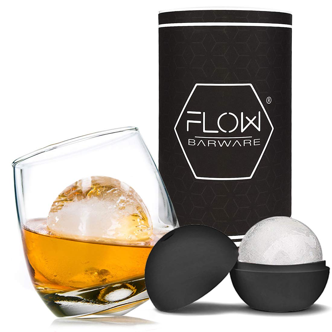 FLOW Barware Rocking Whiskey Glass Set | Cool Whisky Gift Set with Ice Ball Mould | Whisky Glass Gifts for Men, Includes Wobbly, Spinning Tumbler & Round Ice Cube Mould | Birthday, Father's Day Gift