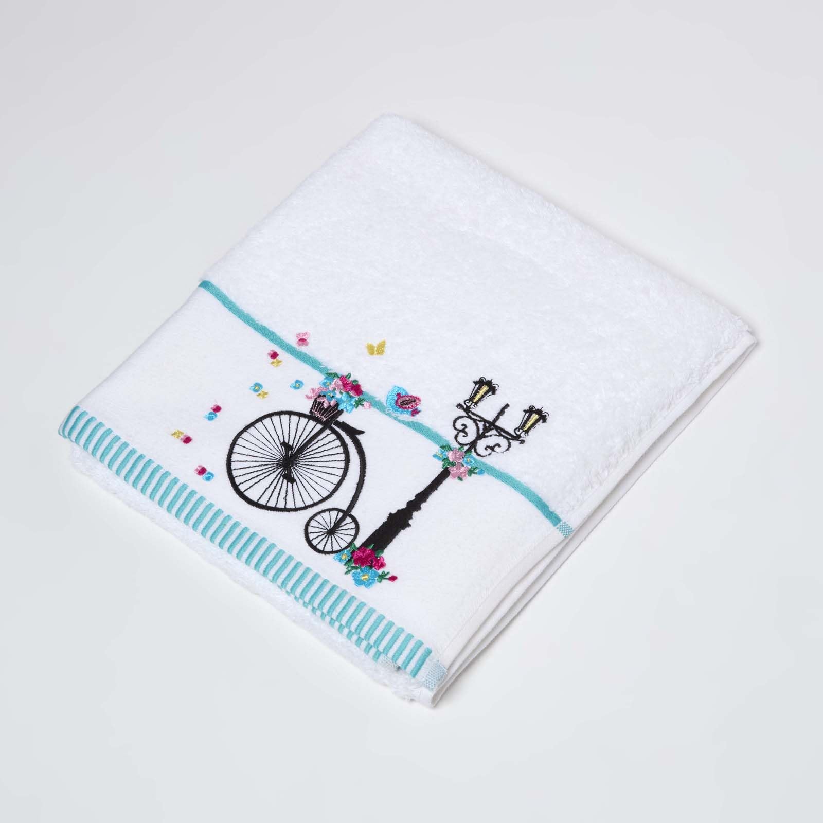 HOMESCAPES 100% Turkish Cotton 'Vintage Bike' White Hand Towel Black Silhouette Bike and Flowers