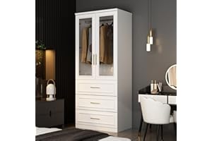 FAMAPY 2 Glass Door Wardrobe with 3 Drawers, Armoire Wardrobe with Hanging Rod, Gold Metal Handles, Closet for Bedroom White (31.7'W x 19.3'D x 74.9'H)