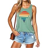 Hawaiian Tank Top for Women Sunset Graphic Sun Sand Tree Sleeveless T-Shirt Summer Beach Retro Casual Vacation Loose Tops