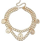 Octwine 2 Tier Women Gold Layered Necklaces Trendy Retro Coin Pendant Gold Necklace Dainty Chunky Link Chain Punk Bar Sexy Choker Necklaces for Women