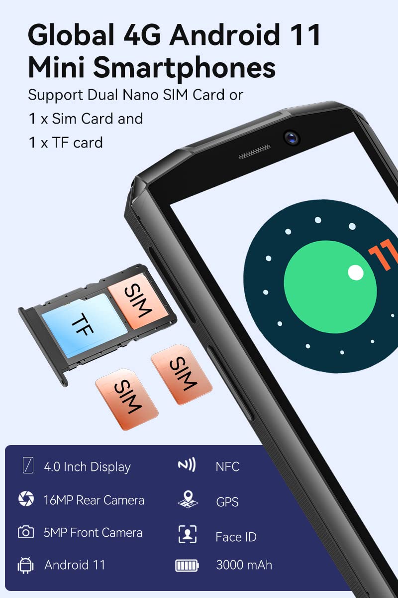 CUBOT Pocket 4.0 inch Mobile Phone, 4G Smartphone SIM Free Phones Unlocked, Android 11 Small Phone,16MP Camera,3000mAh,4GB+64GB/128GB Extension,Face ID/NFC/GPS (Black)