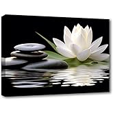 LZIMU Zen Canvas Wall Art White Lotus and Black Zen Stones Bloom in Water Picture Prints for Yoga Spa Meditation Spiritual Room Bathroom Decor (Zen-1, 12"x18")