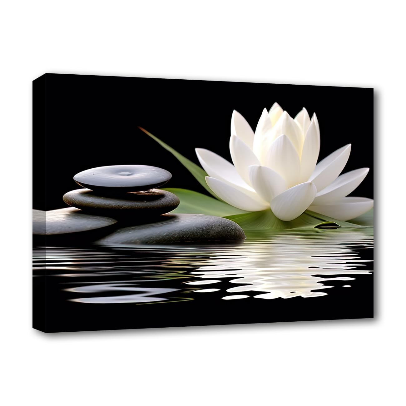 LZIMU Zen Canvas Wall Art White Lotus and Black Zen Stones Bloom in Water Picture Prints for Yoga Spa Meditation Spiritual Room Bathroom Decor (Zen-1, 30.00 x 45.00 cms)