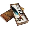 Feather Quill Pen Kit Including 1 Handmade Quill Feather Dip Pen 5 Replacement Nibs 1 Pen Nib Base Ink Pen Holder 1 Ink Bottle in Gift Box for Calligraphy Hand Writing (Blue)