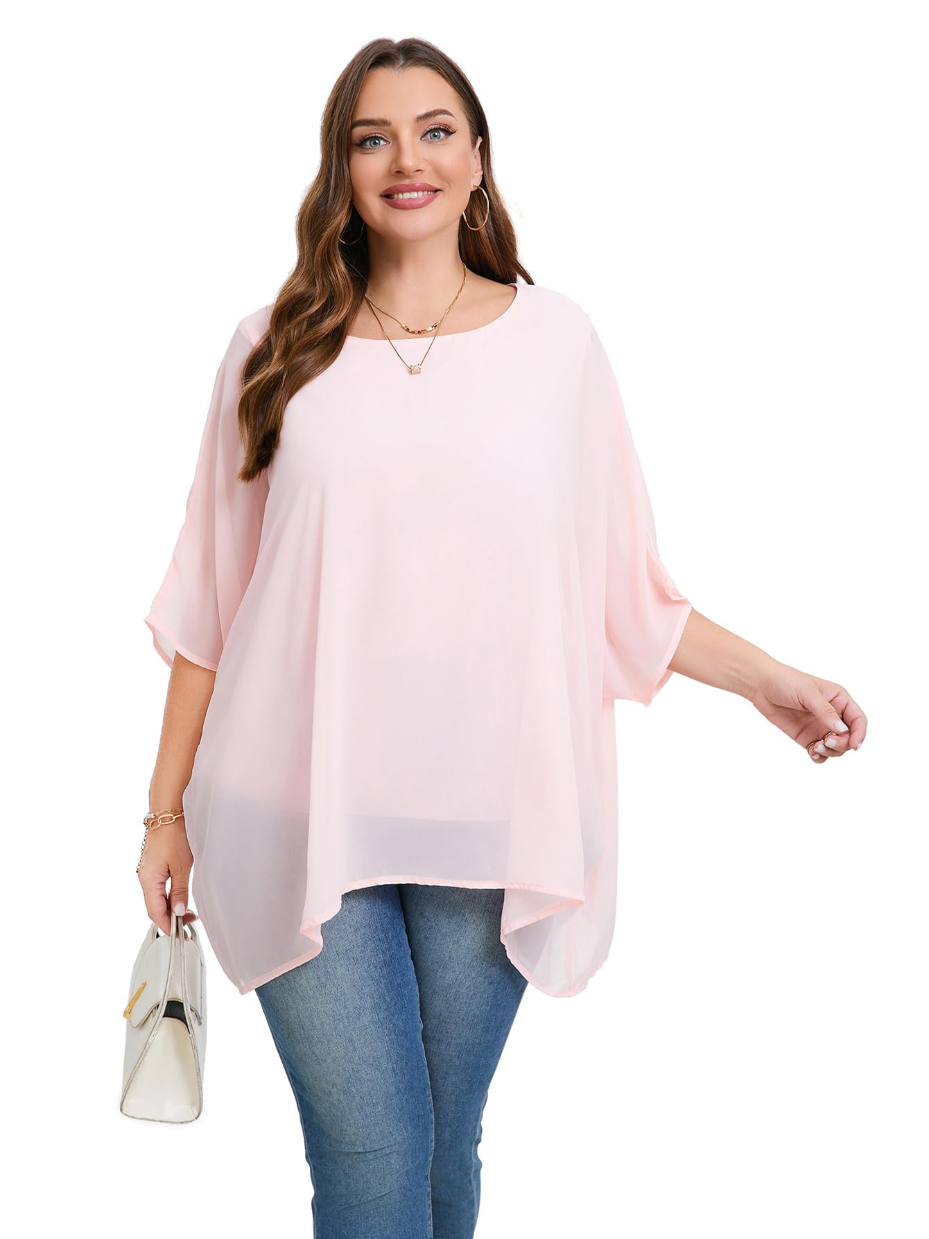 Photo 1 of Cute Ann Womens Scoop Neck Plus Size Elegant Summer Cape Blouse 3/4 Batwing Sleeve Double Layered Long Loose Oversized Dressy Chiffon Shirts Tunic Tops For Work(Pink,3X)