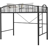 FinerFurnis Loft Bed Twin Size,Heavy Duty Metal Loft Bed with Arched Guardrail &amp; Safety Ladder,Space Saving Modern Design, No Box Spring Needed,Black