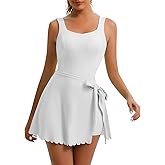 Women's Square Neck Tennis Dress Built-in Bra and Shorts Athletic Summer Sleeveless Dress with Pockets