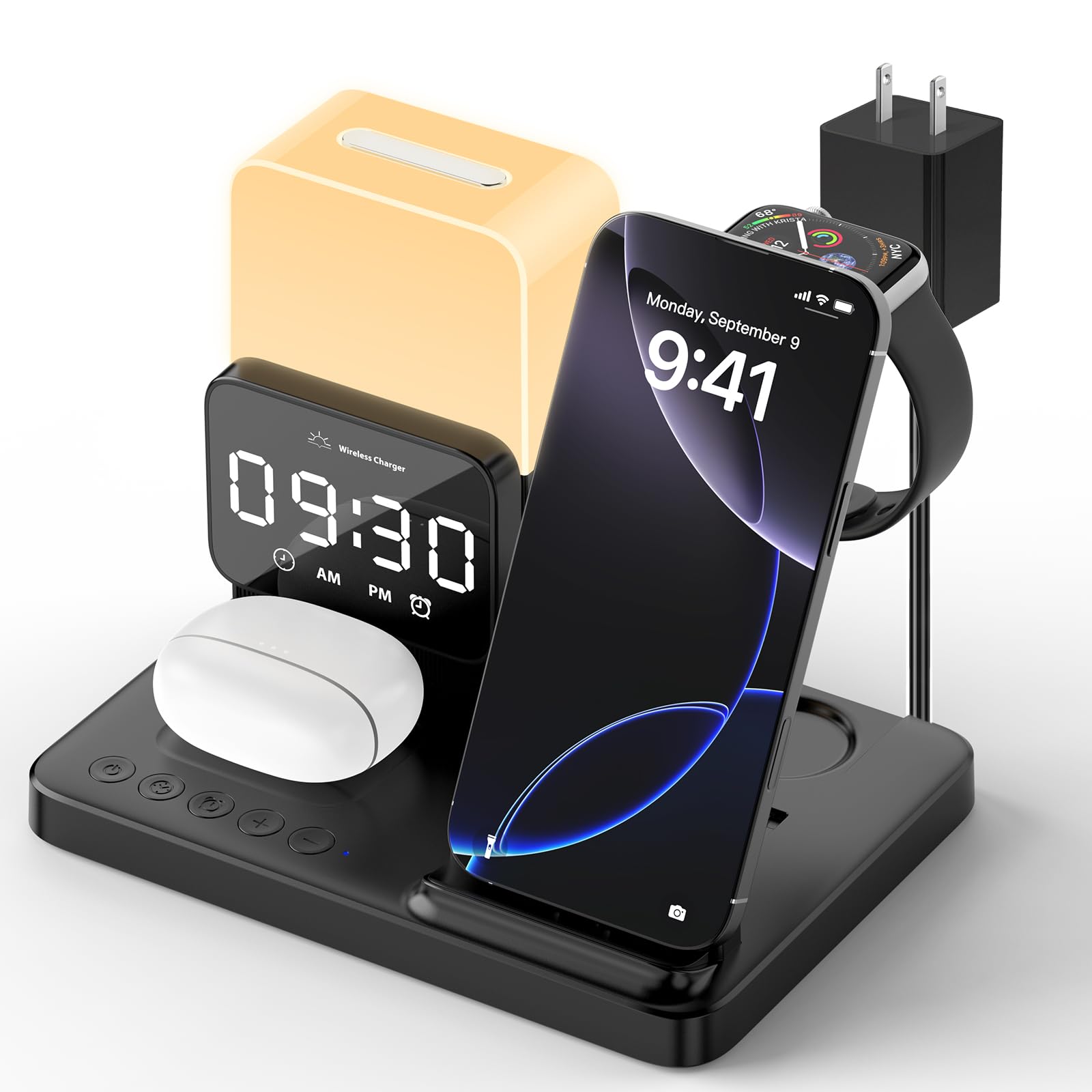 Photo 1 of 6-in-1 Wireless Charging Station for Bedrooms, Qi-Certified Charger for iPhone 16 15 14 13 Pro Max, AirPods, iWatch, 15W Fast Wireless Charging Dock with Digital Alarm Clock, Night Light, 20W Adapter
